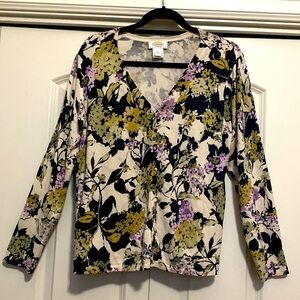 Talbots Wisteria Silk blend Cardigan Womens LP floral Navy Purple V neck office